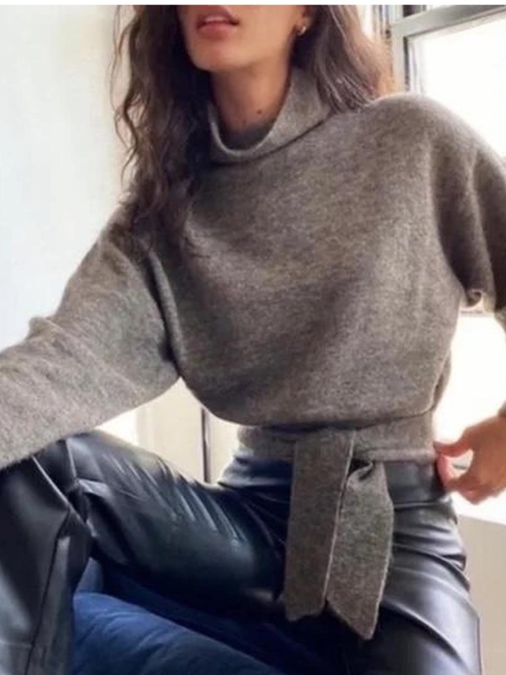 Aritzia Wilfred Lorin Tie-Waist Mock Neck Sweater Alpaca Wool XXS Gray Olive
